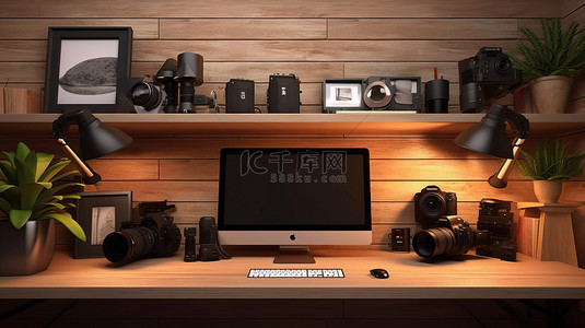 当代摄影师家庭办公空间设计的 3d 渲染