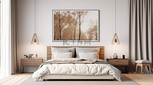 简约现代卧室背景图片_简约的卧室内饰，带有斯堪的纳维亚风格的模型框架 3D 渲染