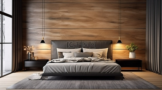 双人床背景图片_现代双人床和床头柜靠木墙设置在精致的卧室 3D 渲染中