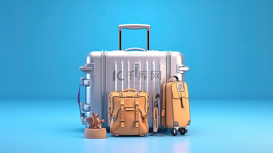旅行者的行李和电脑蓝色背景上的 3D 插图