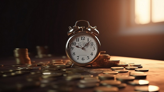 时间与金钱背景图片_3D 渲染纳税时间截止日期提醒与硬币堆和闹钟