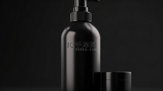 用于头发和护肤品的黑色塑料瓶样机的 3D 插图