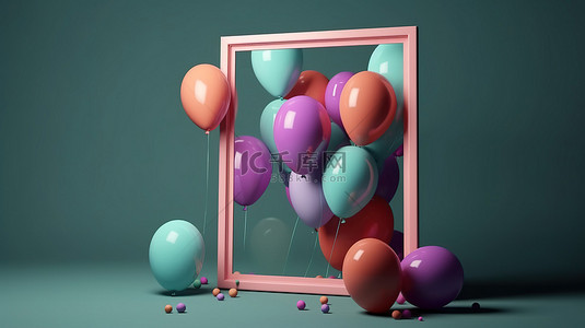 五颜六色的气球装饰相框在 3d 生日渲染