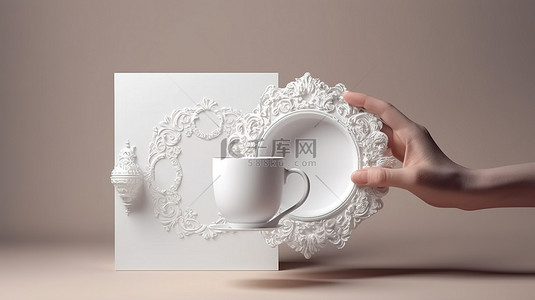 喝咖啡的女人背景图片_带有 3D 白色物体的桃色盒子呈现现代风格