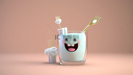 可爱的 3D 渲染卡通牙刷和玻璃中的牙齿