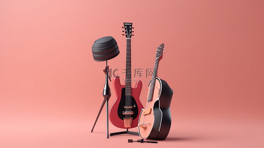 带吉他和耳机的老式麦克风，短支架上的 3D 渲染图