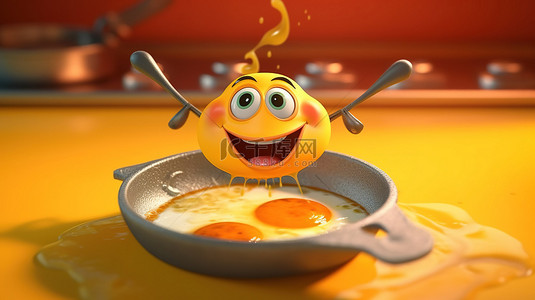 滑稽的卡通人物，手臂弯曲，在平底锅中烹饪早餐 3D 渲染