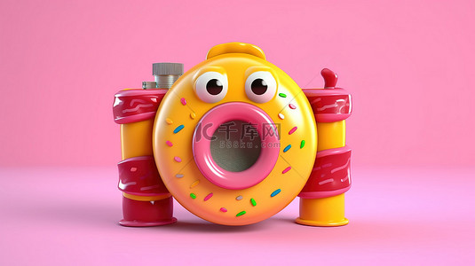 甜点粉色背景图片_黄色背景，使用现代数码相机 3D 渲染大草莓粉色釉面甜甜圈吉祥物