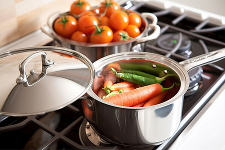胡萝卜西红柿蔬菜背景图片_炉子上的不锈钢烹饪锅，里面有胡萝卜和西红柿