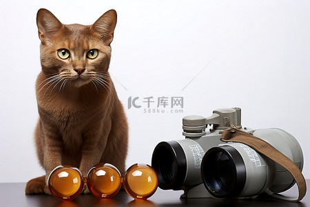 一只猫猫背景图片_双筒望远镜旁边的一只棕色猫