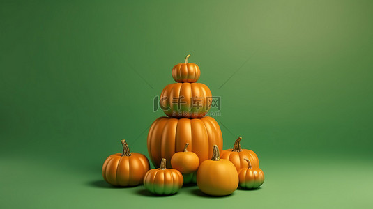 简约的秋季和万圣节概念 3D 渲染南瓜堆叠并漂浮在绿色背景上