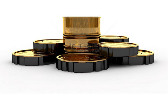 称重背景图片_白色背景的 3D 渲染，具有黑色油桶和金色条，在称重秤上完美平衡