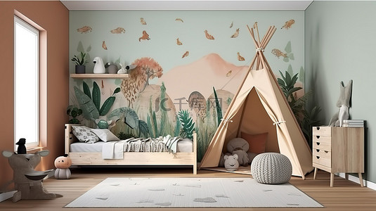 儿童卧室背景图片_儿童房间内部 3D 渲染与壁纸样机海报