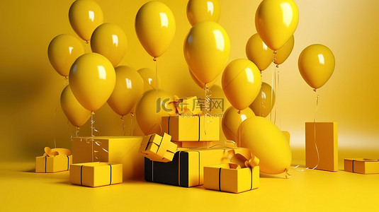 黄色礼物盒子背景图片_悬浮在 3d 环境中的气球和黄色礼盒