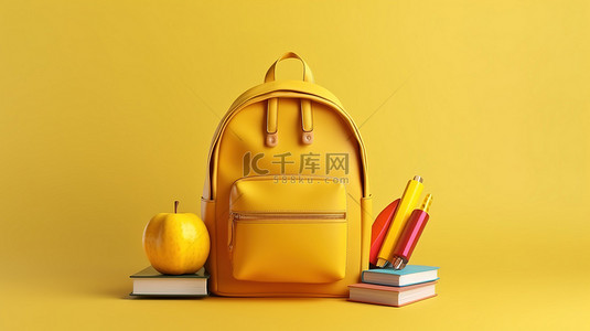 背包的孩子背景图片_黄色背包，配有灰色牛仔裤书苹果和铅笔，回到学校 3D 渲染