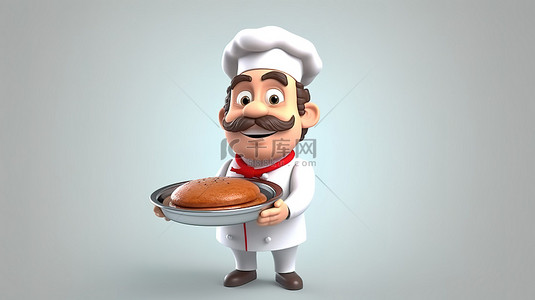 烹饪专业背景图片_卡通风格的厨师拿着银托盘，以 3D 插图展示他的烹饪作品