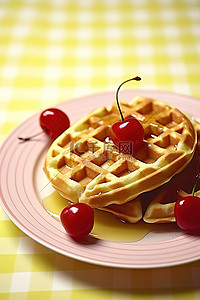 樱桃樱桃背景图片_黄色和白色盘子上的樱桃华夫饼
