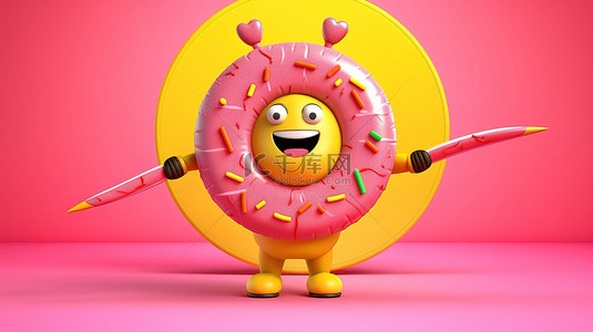 箭头卡通黄色背景图片_草莓粉色釉面甜甜圈吉祥物的 3D 渲染，吉祥物在黄色背景上拿着飞镖的射箭目标