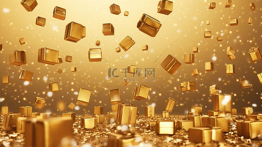 光的金色背景图片_金色礼品盒的 3D 渲染落在闪闪发光的金色背景上