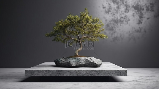 小树点缀着 3D 渲染的石制讲台