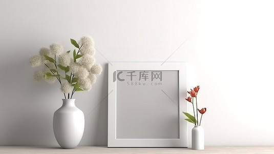 渲染植物背景图片_白墙上的花卉照片展示模型，带有 3D 渲染植物