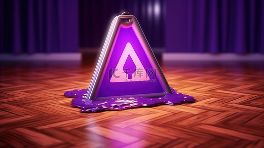 充满活力的紫色背景上便携式地板标志的 3D 渲染，并带有警告信息
