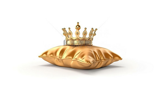 富丽堂皇的金冠放在白色 3D 隔离的毛绒洋红色枕头上