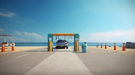 安全旅行背景图片_海滩上安全亭和路障的 3D 渲染，可欣赏海景，并配有安全标志