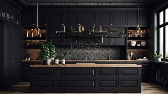 整体家居背景图片_家庭内部插图优雅的整体厨房与 3d 黑色抽屉