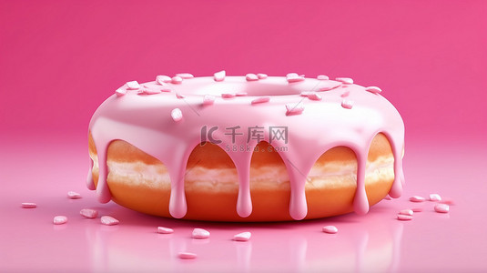 粉红色背景的 3D 渲染，特写甜甜圈上有白色奶油配料