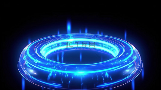 辐射圆形门户 3D 渲染霓虹灯背景，蓝色球缓慢旋转并发出明亮的圆盘