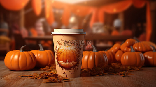 秋季主题 3D 插图展示了装饰有南瓜和问候语的塑料咖啡杯