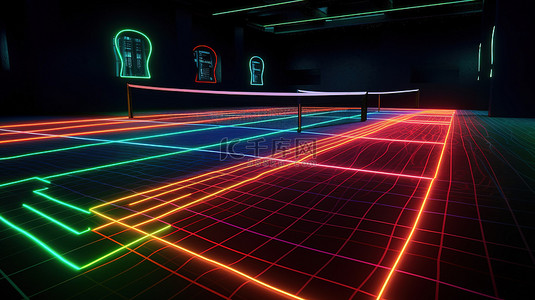 霓虹灯网球场方案的虚拟运动场 3d 渲染