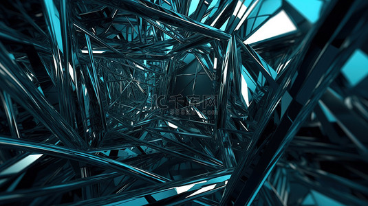 蓝色背景上镀铬线的空空间混沌金属结构中的未来钢结构