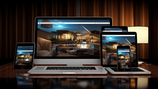 一起展示笔记本电脑手机和平板电脑的酒店响应式网页设计的 3D 渲染