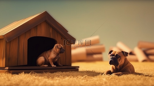 狗家背景图片_带有棕色犬的狗屋的 3D 渲染