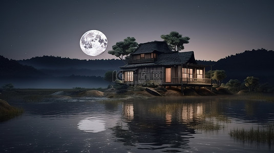 动画满月升起在湖边山顶房子后面