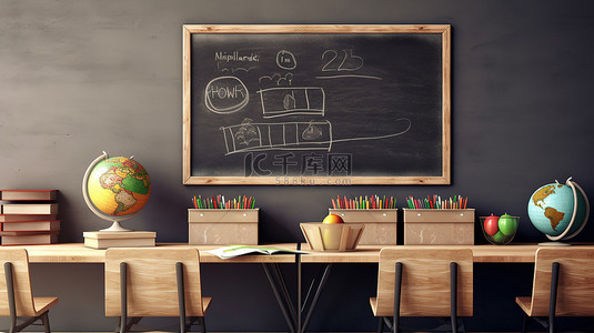 黑板和墙背景图片_带有黑板和书桌的教室的虚拟描绘