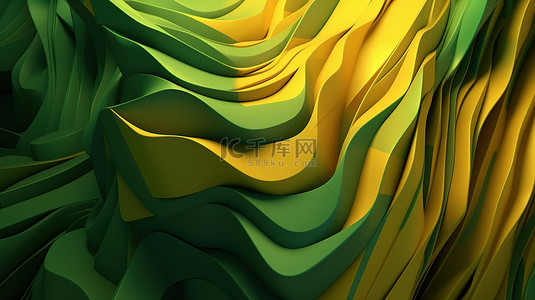 具有最小绿色和黄色背景纹理的 3D 渲染抽象图案