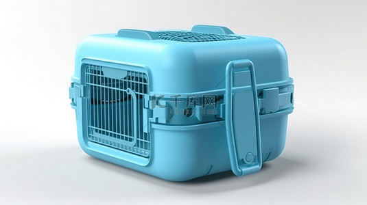 白色背景蓝色塑料宠物旅行笼载体盒的 3D 渲染