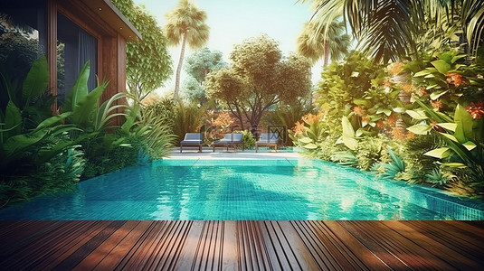 花平面背景图片_带后院游泳池的热带房屋的 3d 渲染