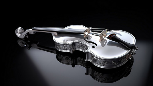 大提琴背景图片_优雅的 3D 渲染银色小提琴，神秘的黑色背景上有蝴蝶结