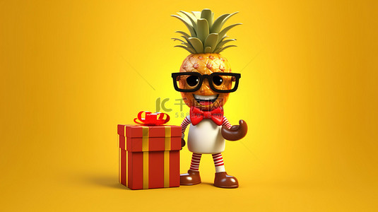 嬉皮士背景图片_欢快的卡通嬉皮士菠萝角色，带有节日礼盒和在 3D 中创建的充满活力的黄色背景上的红丝带
