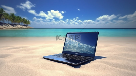 在风景如画的沙滩上以数字方式重建的笔记本电脑