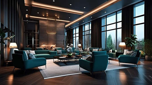 现代酒店内部时尚的大堂和轻松的休息区，配有舒适的家具 3D 渲染