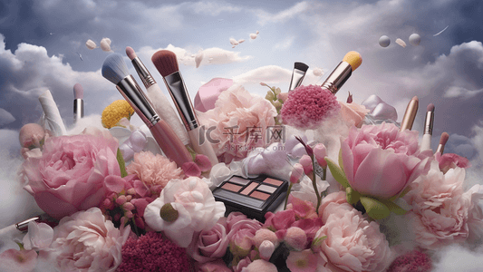 花卉天空白云彩妆化妆品套组摄影广告背景