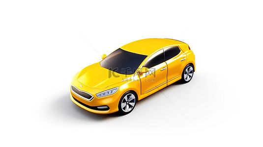 白色背景下黄色现代混合动力家庭汽车的 3D 渲染，阴影投射在地面上