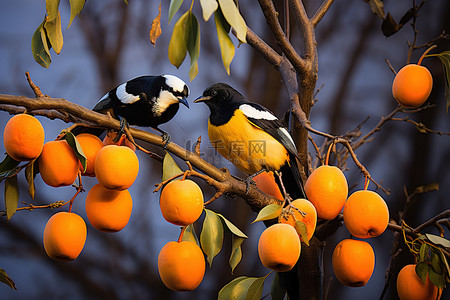 两只鸟栖息在树上的水果上