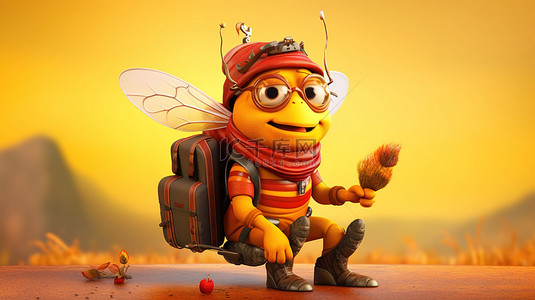 令人惊叹的 3D 插图中顽皮的蜜蜂背包客