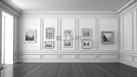 灰色背景图片_室内有空白相框靠在墙上以单色 3d 渲染